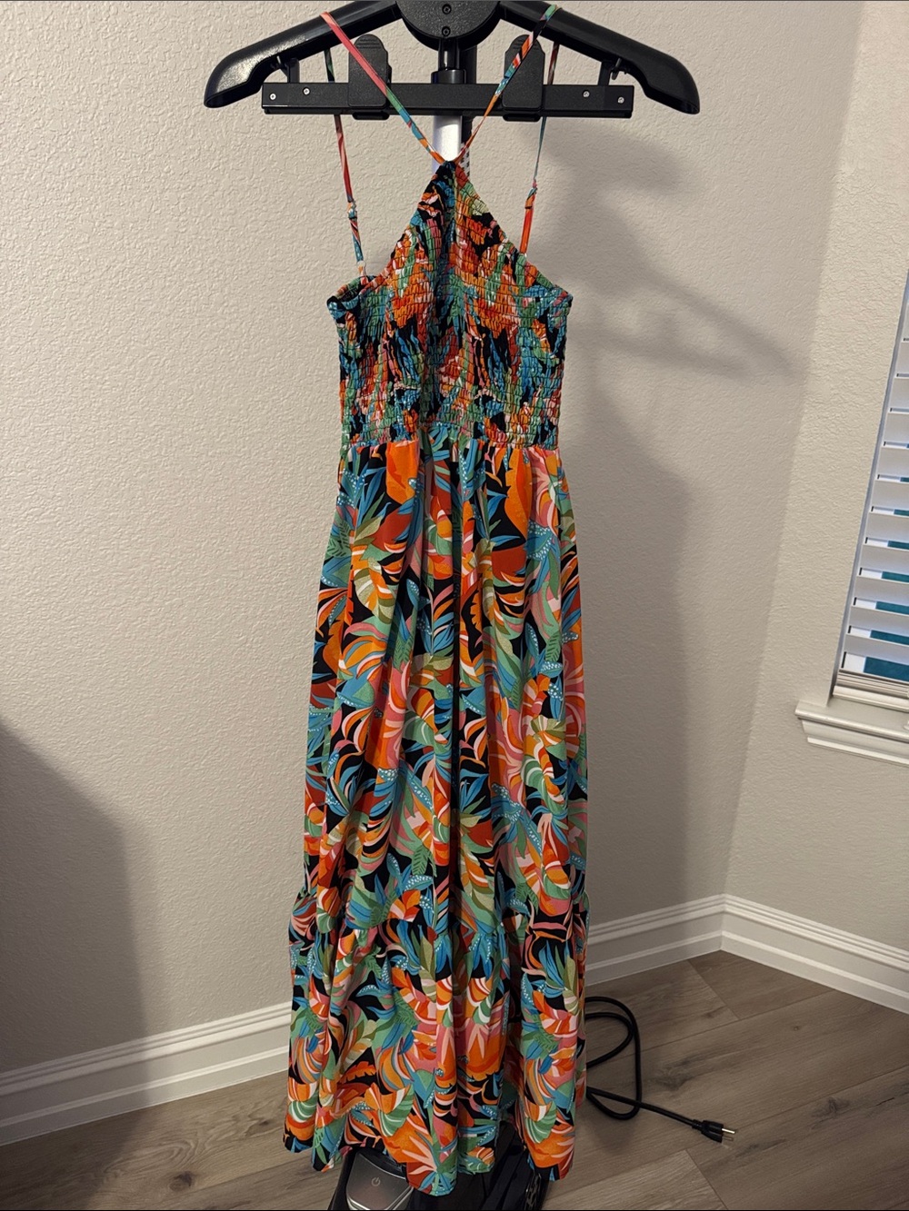 Tropical Maxi Dress with Smocked Bodice - Multicolor